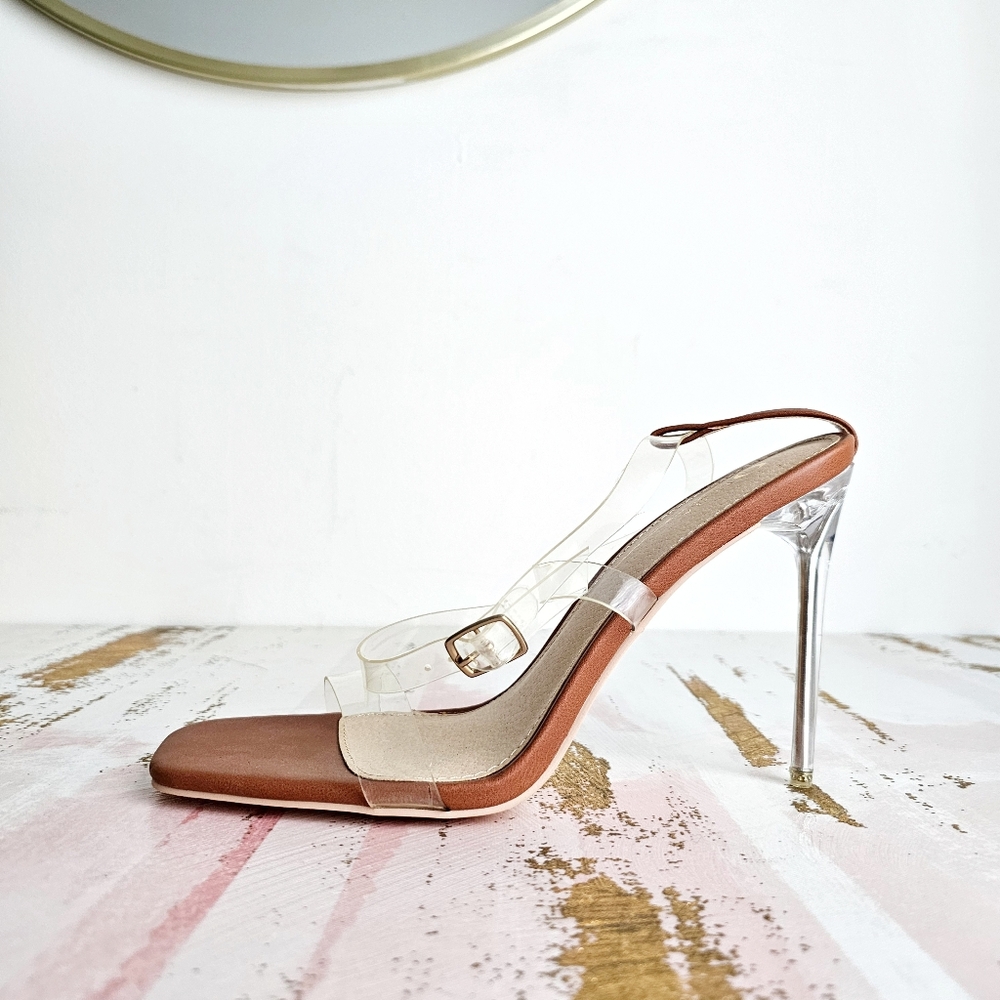 NWOT Olivia James Clear Strap Heels Elegant Brown Open-Toe Women's Heels Size 9